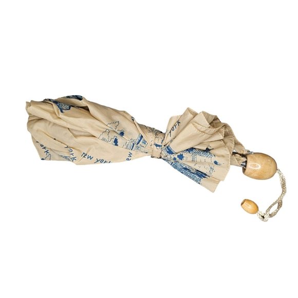 Vintage NEW YORK CITY Skyline‎ Compact Rain Umbrella 32” Wood Handle Cream - Picture 4 of 9